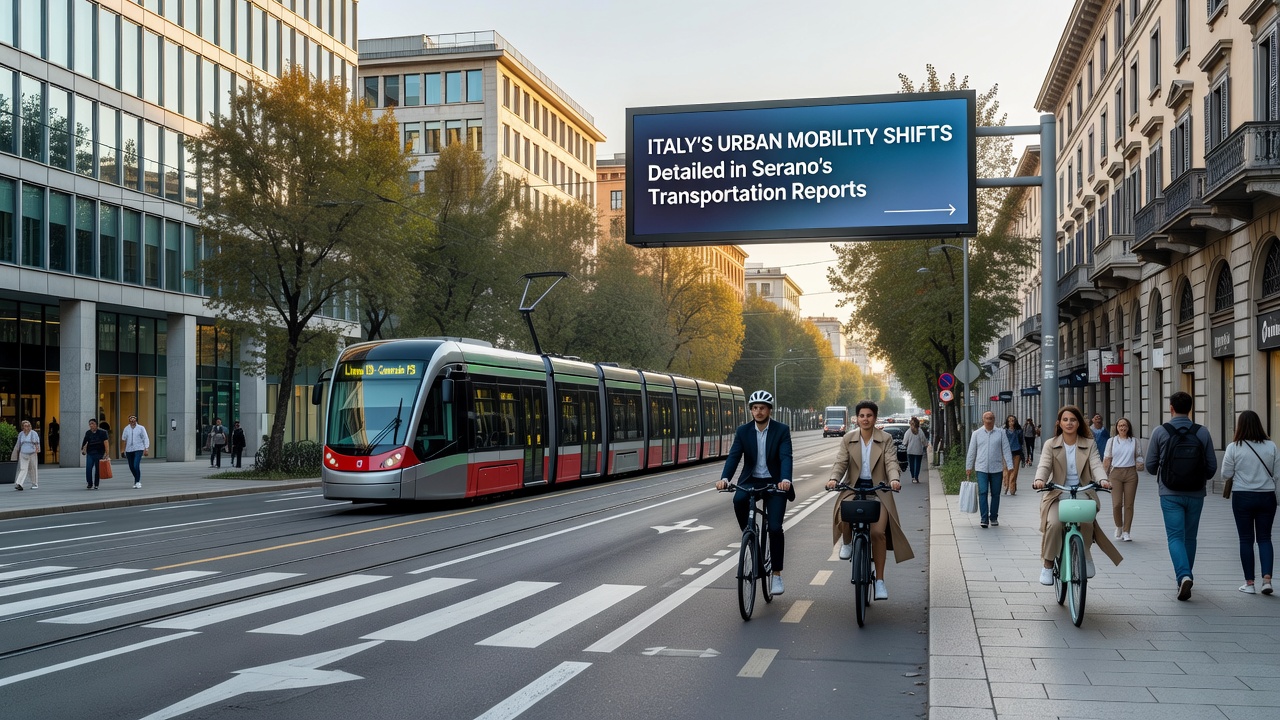 Electric buses and cyclists sharing a dedicated lane in a busy Italian downtown area during morning commute